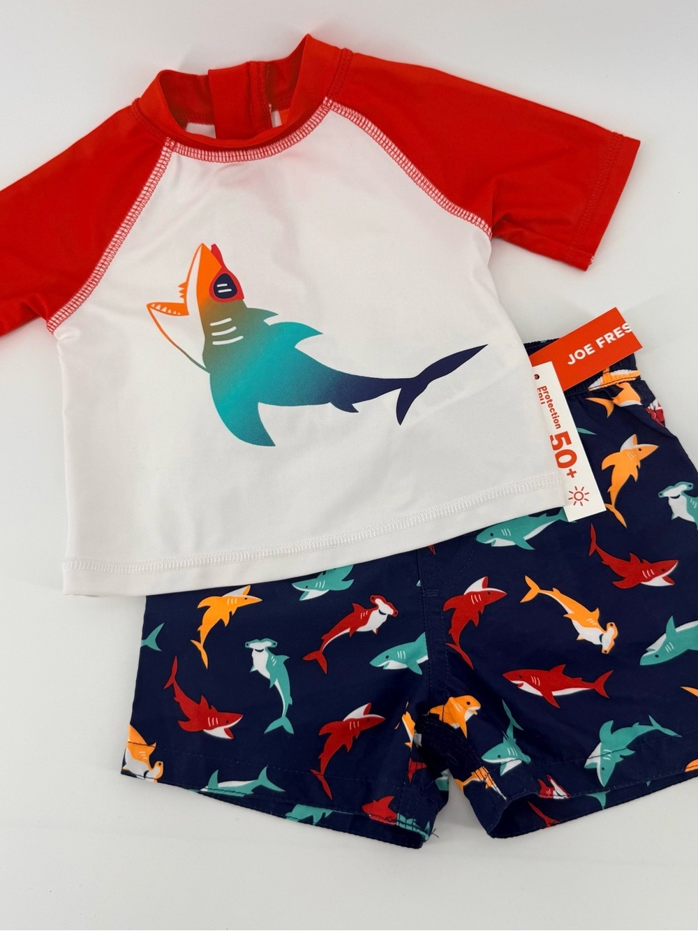 Joe Fresh Red & White Shark Rashguard Set with Navy Multi-Shark Swim Trunks